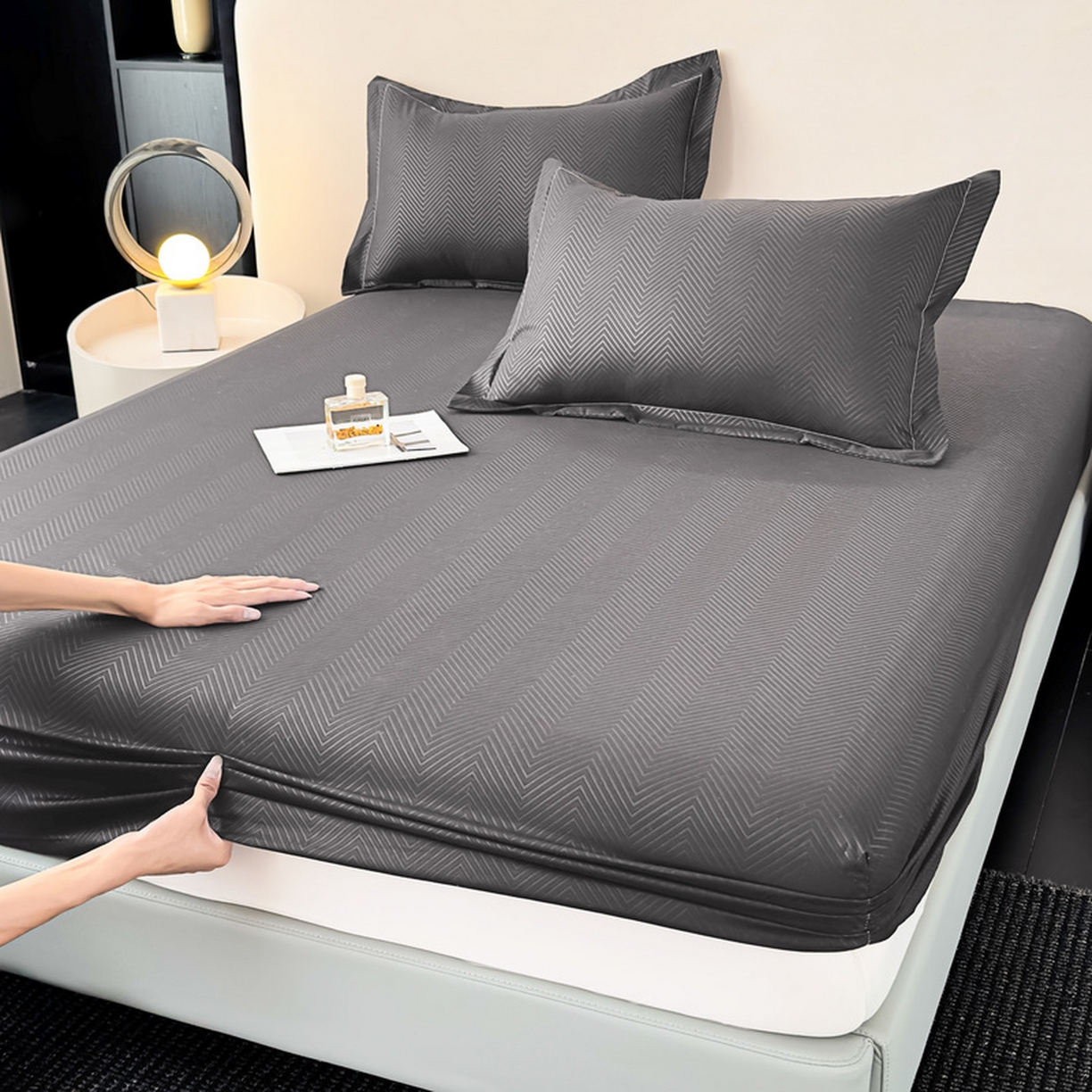 91家纺网 家纺一手货源 找家纺 露梦家纺 2025外贸内销跨境电商亚马逊速卖通磨毛单床笠三件套欧美尺寸多多跨境平台TEMU SHEIN笠高30 波纹-深灰