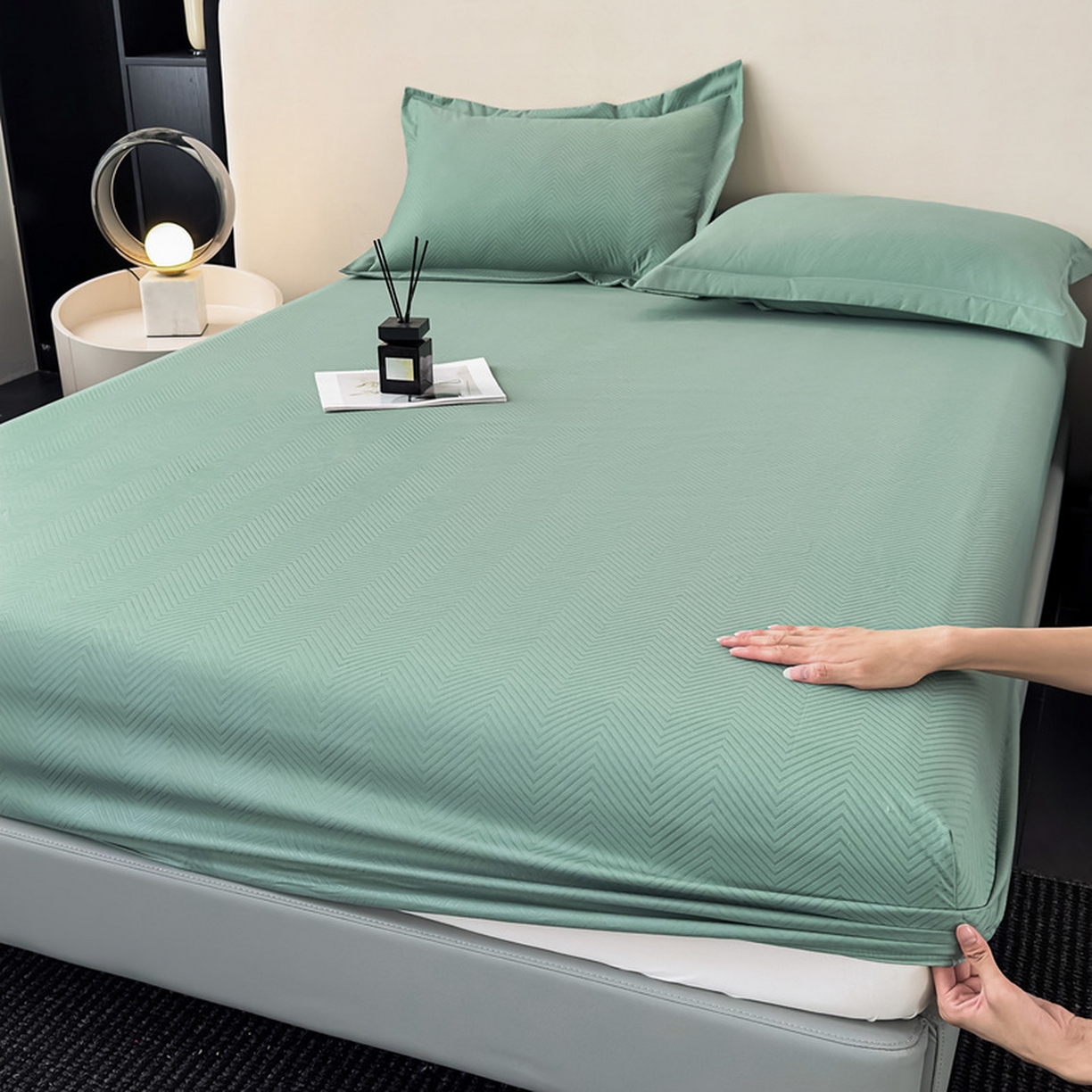 91家纺网 家纺一手货源 找家纺 露梦家纺 2025外贸内销跨境电商亚马逊速卖通磨毛单床笠三件套欧美尺寸多多跨境平台TEMU SHEIN笠高30 波纹-松绿