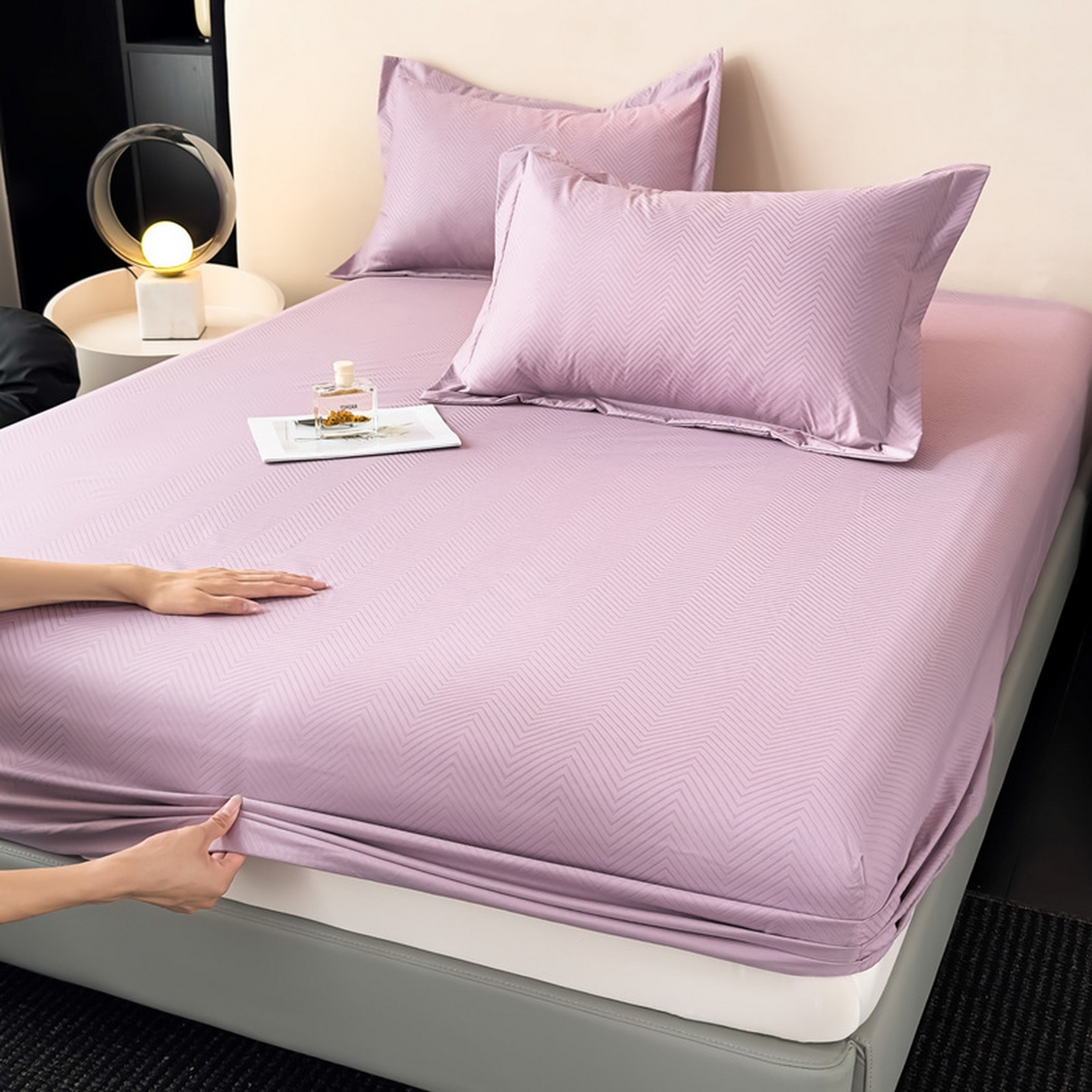 91家纺网 家纺一手货源 找家纺 露梦家纺 2025外贸内销跨境电商亚马逊速卖通磨毛单床笠三件套欧美尺寸多多跨境平台TEMU SHEIN笠高30 波纹-紫色