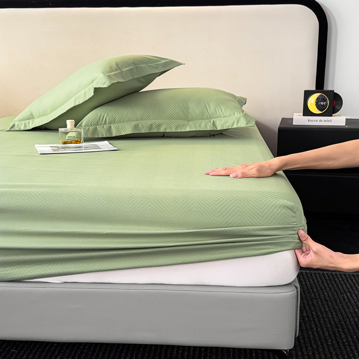 91家纺网 家纺一手货源 找家纺 露梦家纺 2025外贸内销跨境电商亚马逊速卖通磨毛单床笠三件套欧美尺寸多多跨境平台TEMU SHEIN笠高30 波纹-豆绿