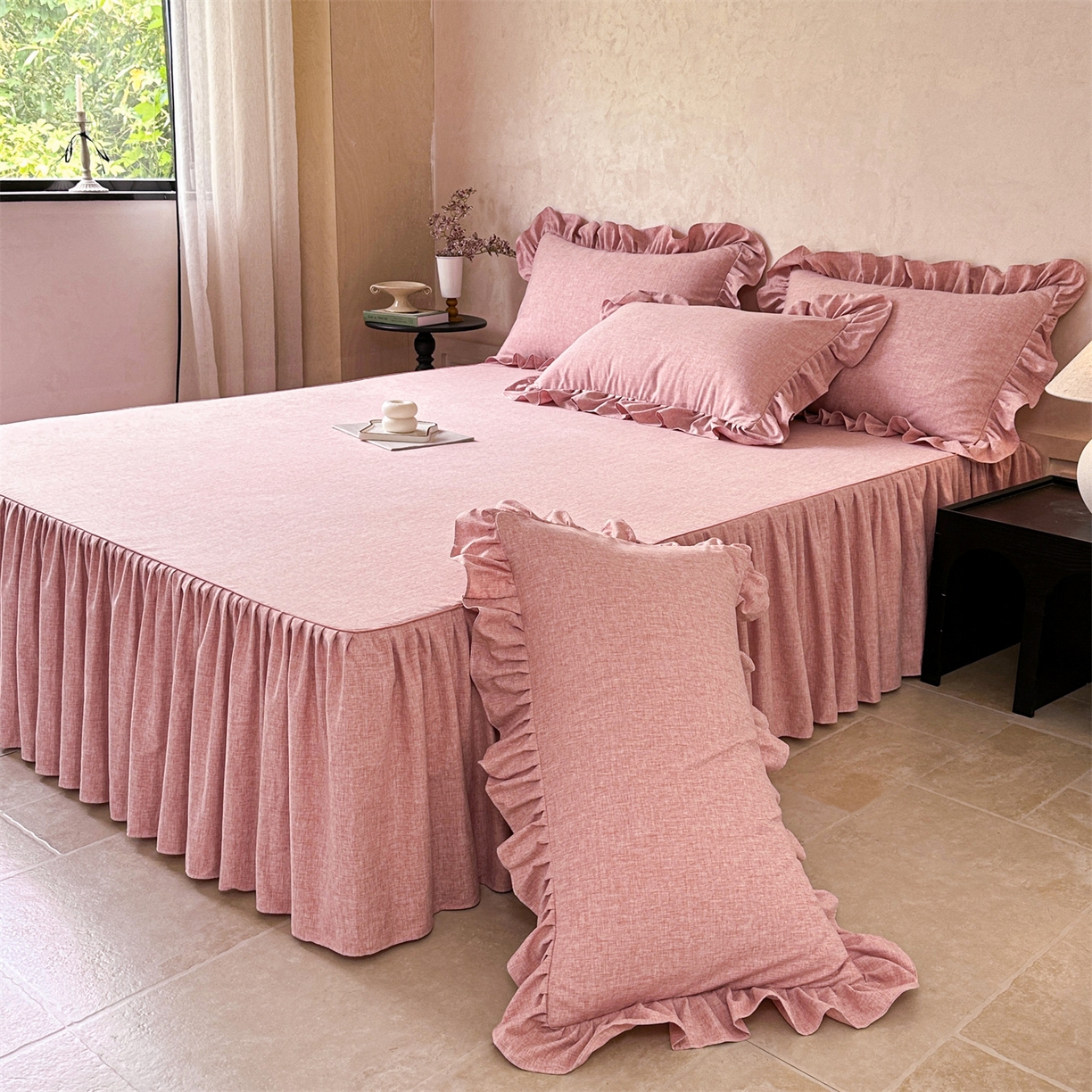 91家纺网 家纺一手货源 找家纺 忘忧草 2025新款纯色色织芙蓉棉床裙四件套-维密系列 维密-青春粉