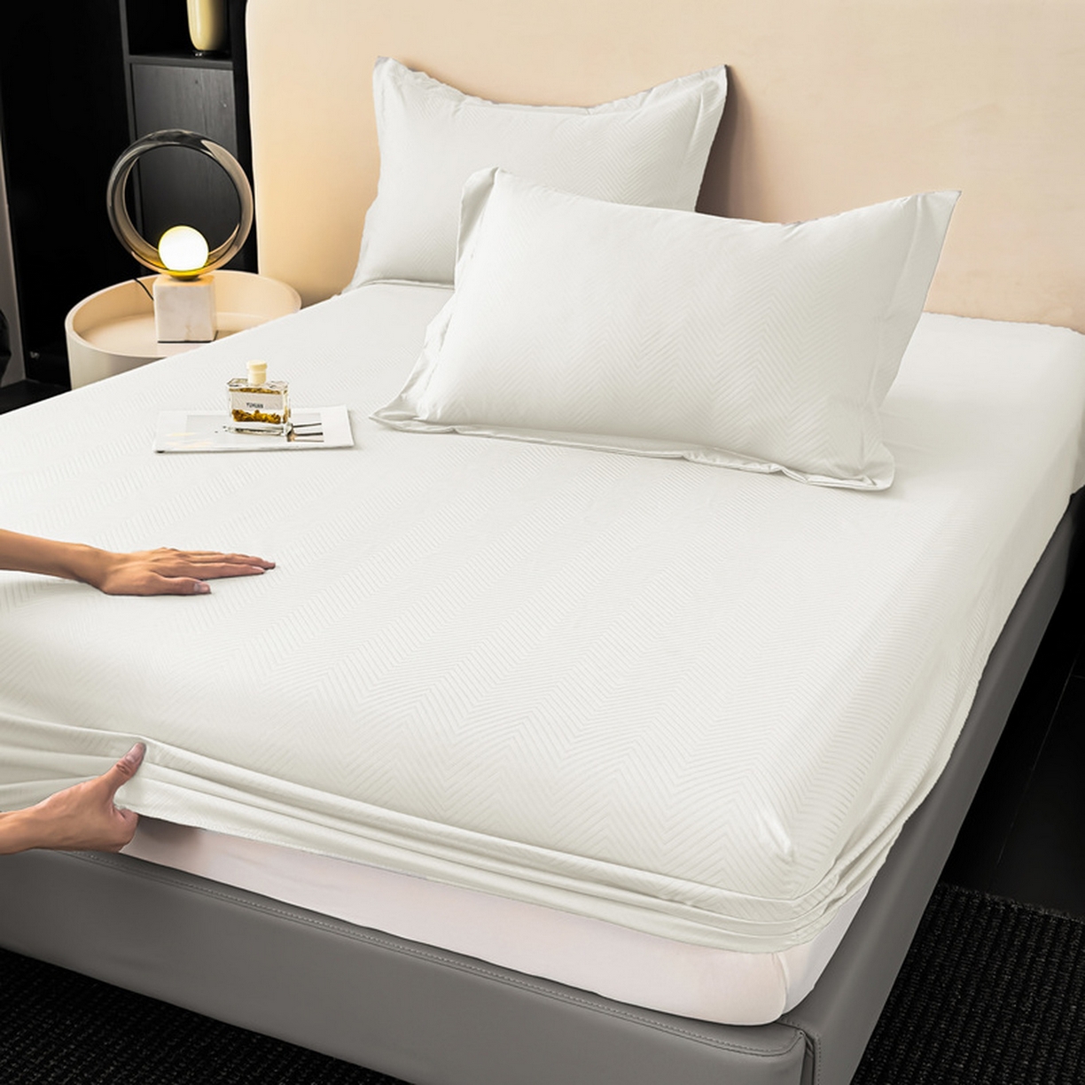 91家纺网 家纺一手货源 找家纺 露梦家纺 2025外贸内销跨境电商亚马逊速卖通磨毛单床笠三件套欧美尺寸多多跨境平台TEMU SHEIN笠高30 波纹-本白