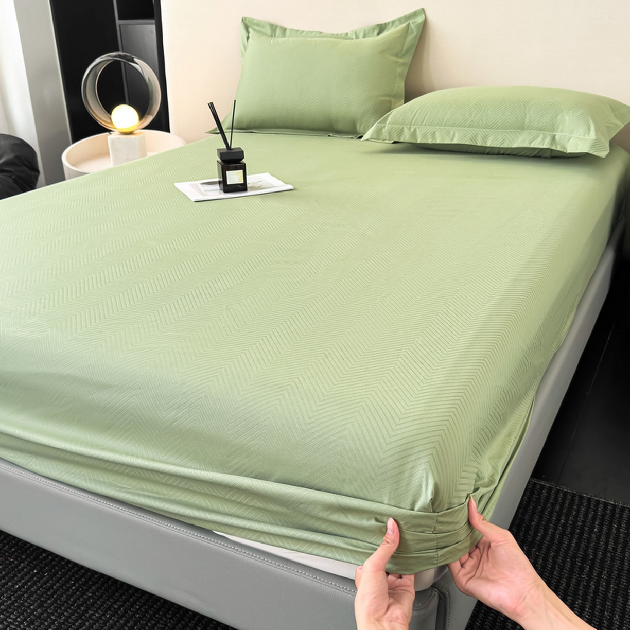 91家纺网 家纺一手货源 找家纺 露梦家纺 2025外贸内销跨境电商亚马逊速卖通磨毛单床笠三件套欧美尺寸多多跨境平台TEMU SHEIN笠高30 波纹-豆绿