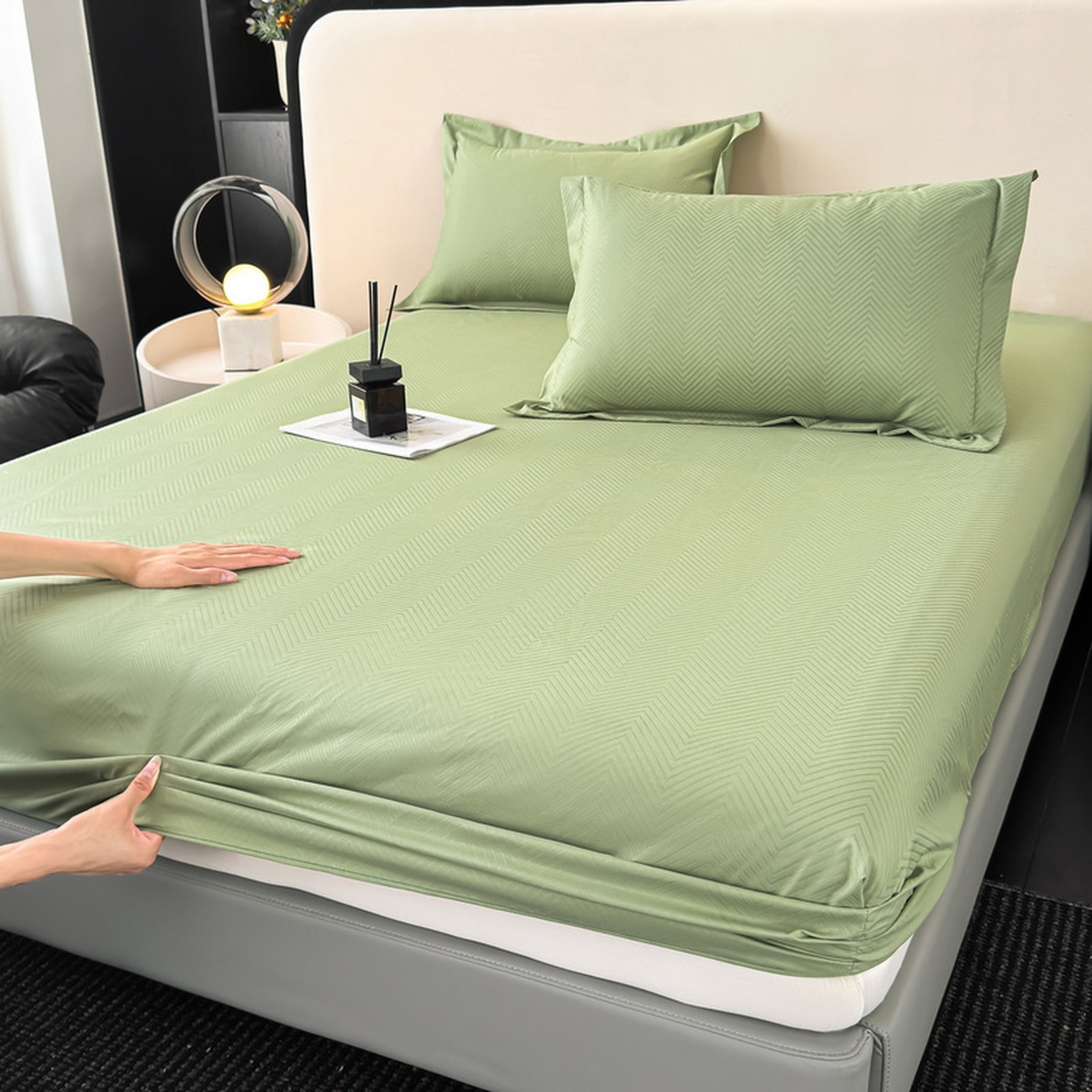 91家纺网 家纺一手货源 找家纺 露梦家纺 2025外贸内销跨境电商亚马逊速卖通磨毛单床笠三件套欧美尺寸多多跨境平台TEMU SHEIN笠高30 波纹-豆绿