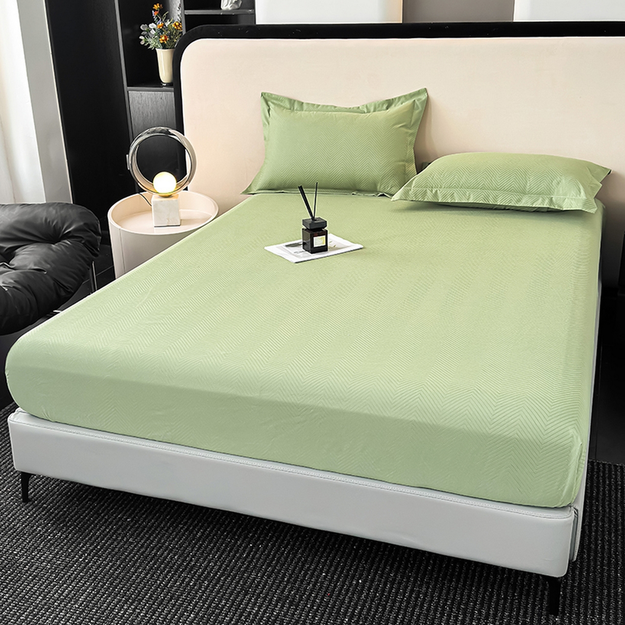 91家纺网 家纺一手货源 找家纺 露梦家纺 2025外贸内销跨境电商亚马逊速卖通磨毛单床笠三件套欧美尺寸多多跨境平台TEMU SHEIN笠高30 波纹-豆绿