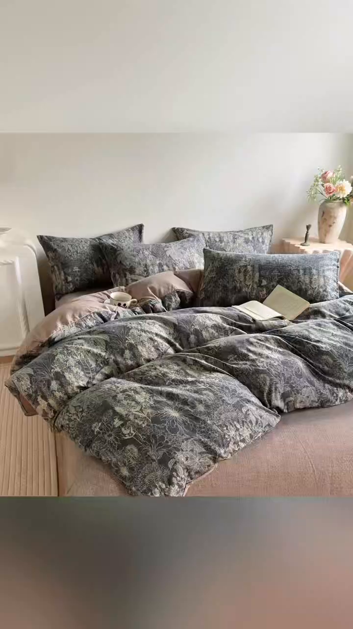 91家纺网 家纺一手货源 找家纺 卢赛尔 2025新品加厚130g高克重复古风原麻印花四件套单被套 凉墨