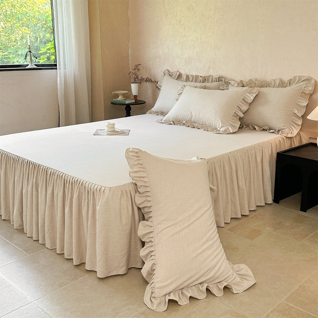 91家纺网 家纺一手货源 找家纺 忘忧草 2025新款纯色色织芙蓉棉床裙四件套-维密系列 维密-香槟米