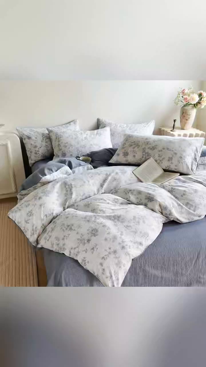 91家纺网 家纺一手货源 找家纺 卢赛尔 2025新品加厚130g高克重复古风原麻印花四件套单被套 青千雪