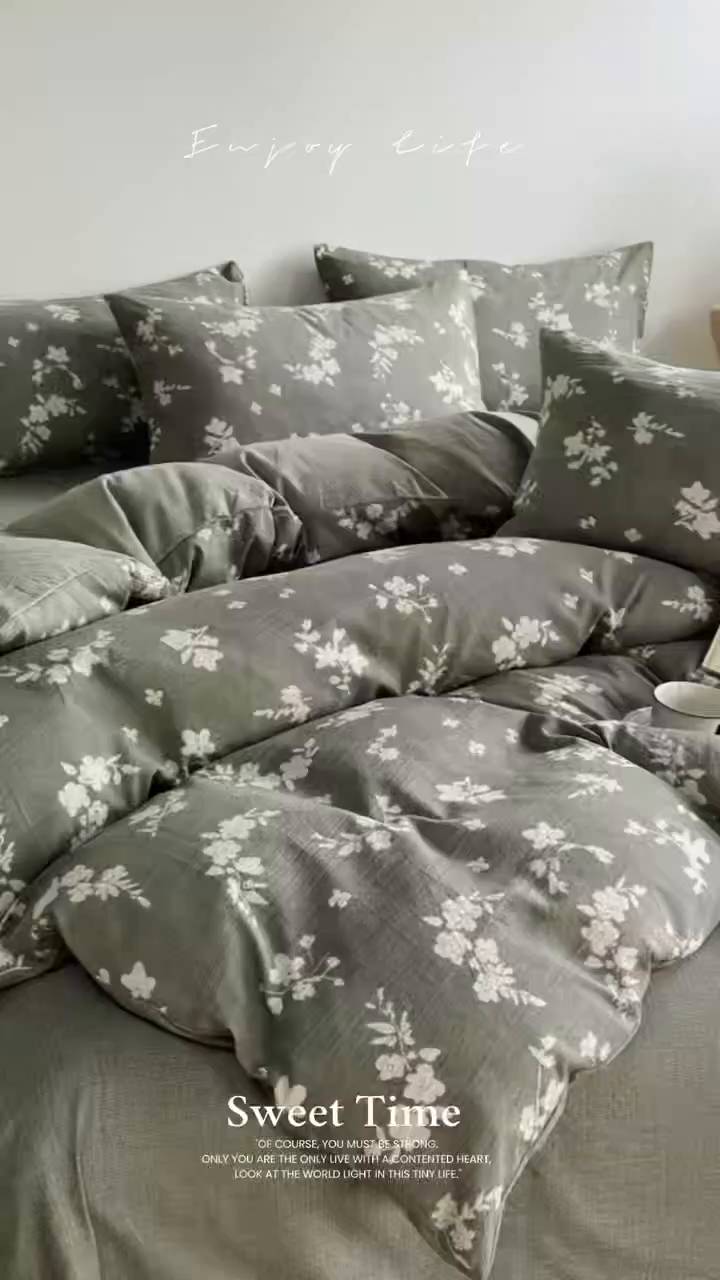 91家纺网 家纺一手货源 找家纺 卢赛尔 2025新品加厚130g高克重复古风原麻印花四件套单被套 清菡绿