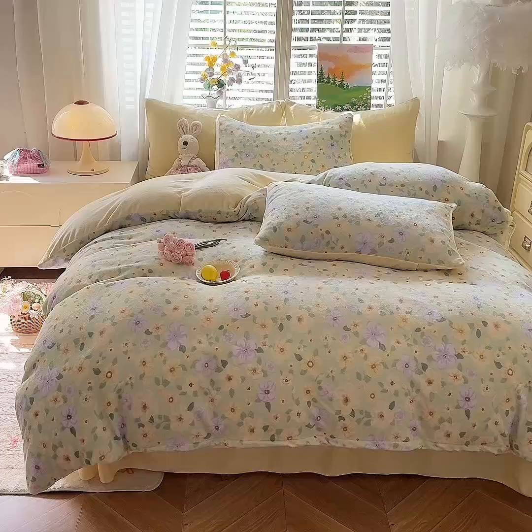 91家纺网 家纺一手货源 找家纺 （总）九诺家纺 2025秋冬新款牛奶绒床单四件套【圆角吊边花边床单】