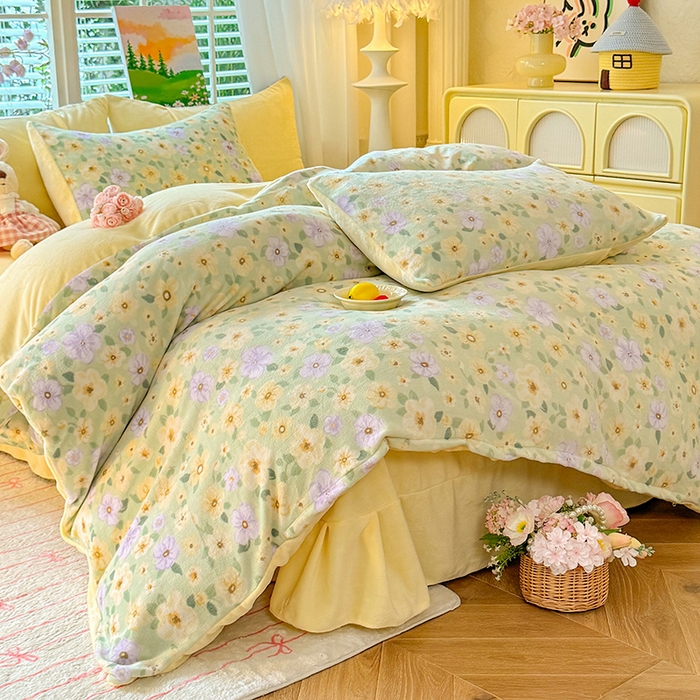 91家纺网 家纺一手货源 找家纺 （总）九诺家纺 2025秋冬新款牛奶绒床单四件套【圆角吊边花边床单】