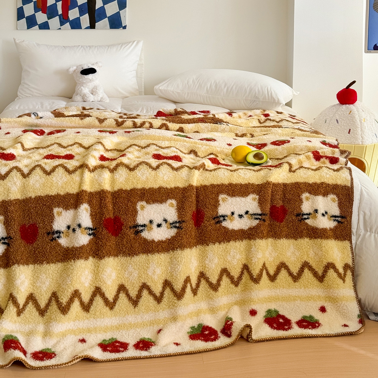 91家纺网 家纺一手货源 找家纺 舒隅家纺 2025新款A类卡通休闲半边绒三角针毛毯 莓果小猫-咖