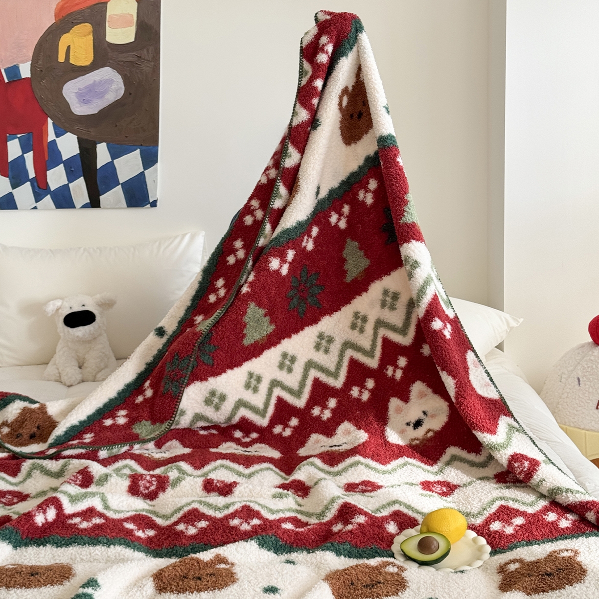 91家纺网 家纺一手货源 找家纺 舒隅家纺 2025新款A类卡通休闲半边绒三角针毛毯 森系萌宠-红