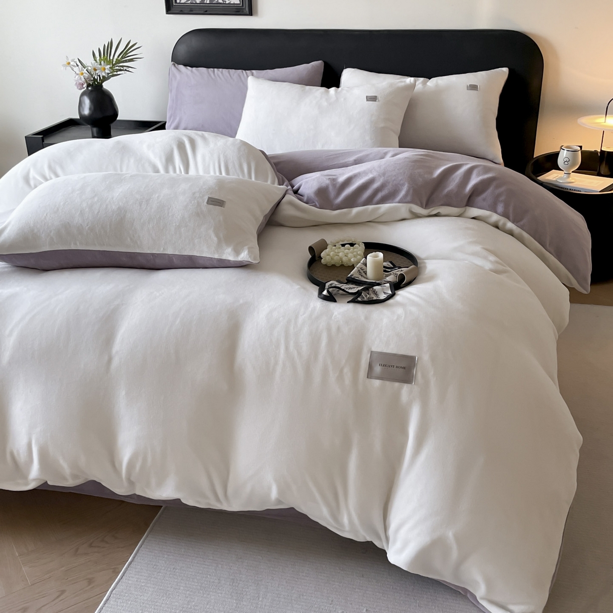 91家纺网 家纺一手货源 找家纺 ab家纺 2025新款纯色高克重牛奶绒双拼单被套 米月白香芋紫