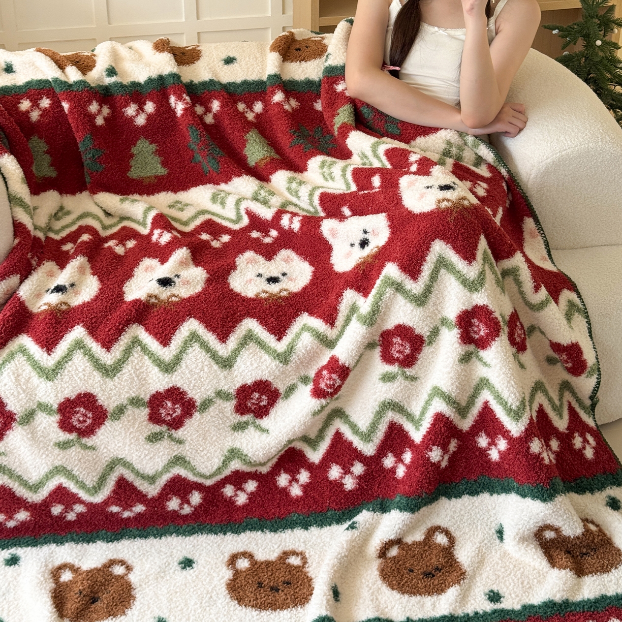 舒隅家纺 2025新款A类卡通休闲半边绒三角针毛毯 森系萌宠-红