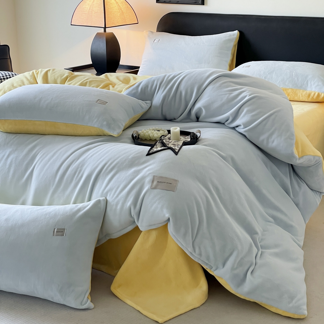 91家纺网 家纺一手货源 找家纺 ab家纺 2025新款纯色高克重牛奶绒双拼单被套 天空蓝柠檬黄