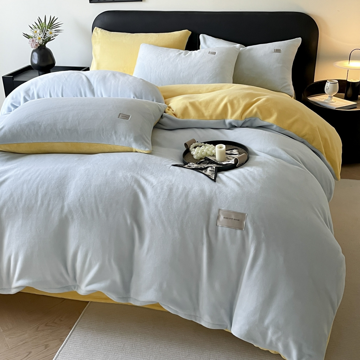 91家纺网 家纺一手货源 找家纺 ab家纺 2025新款纯色高克重牛奶绒双拼单被套 天空蓝柠檬黄