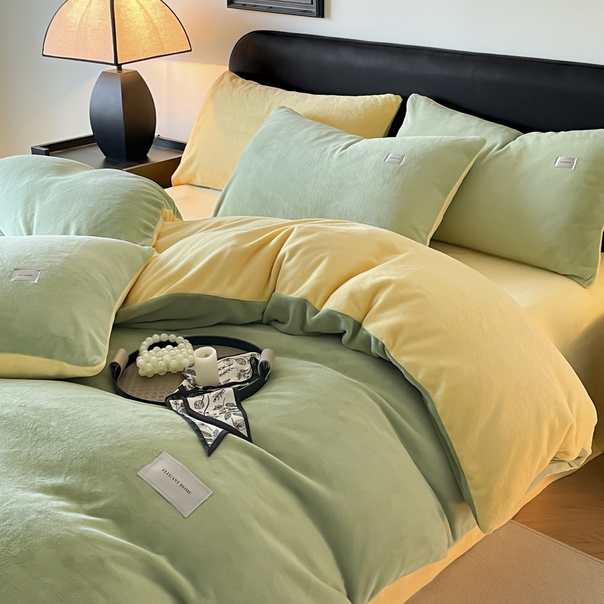 91家纺网 家纺一手货源 找家纺 ab家纺 2025新款纯色高克重牛奶绒双拼单被套 橄榄绿柠檬黄