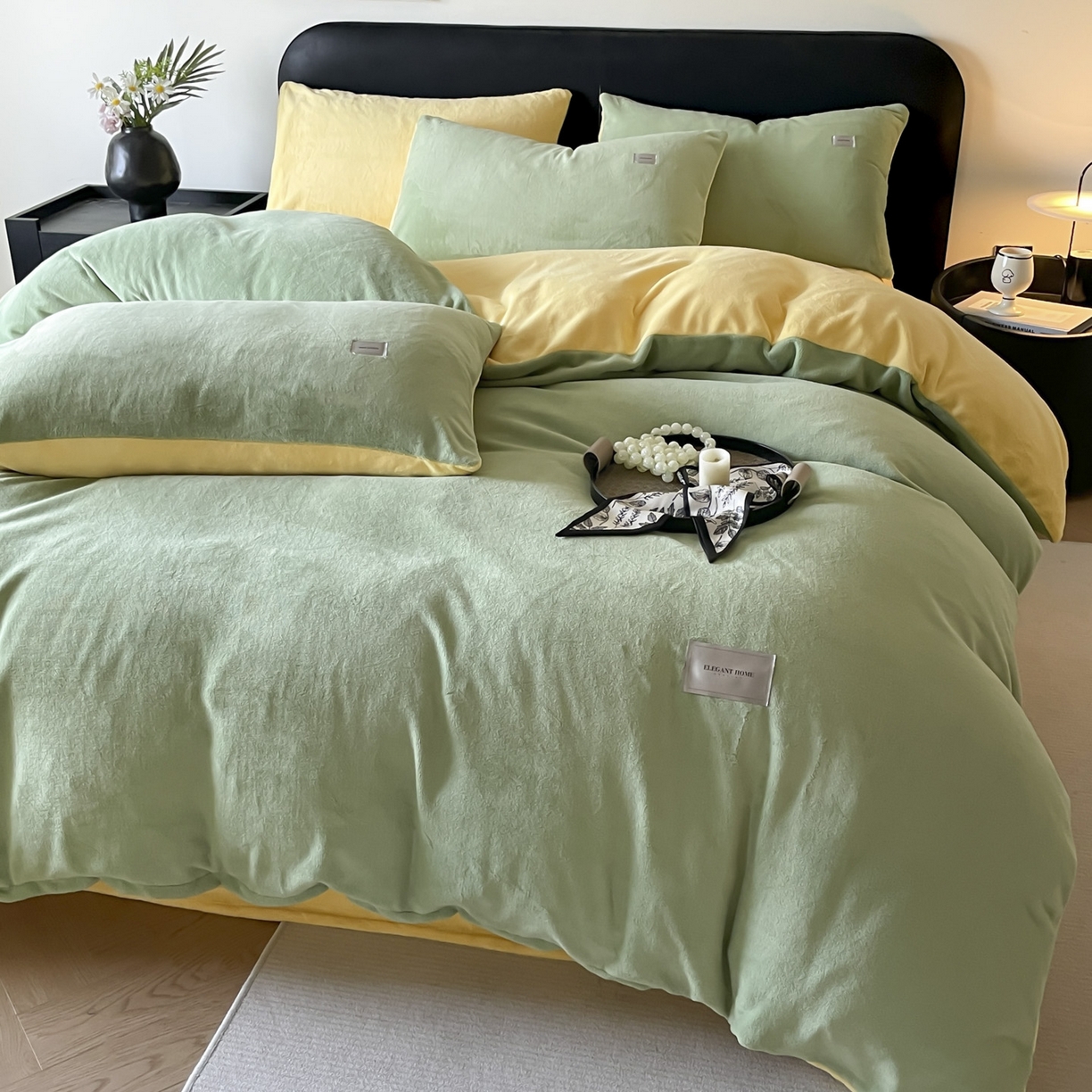 91家纺网 家纺一手货源 找家纺 ab家纺 2025新款纯色高克重牛奶绒双拼单被套 橄榄绿柠檬黄