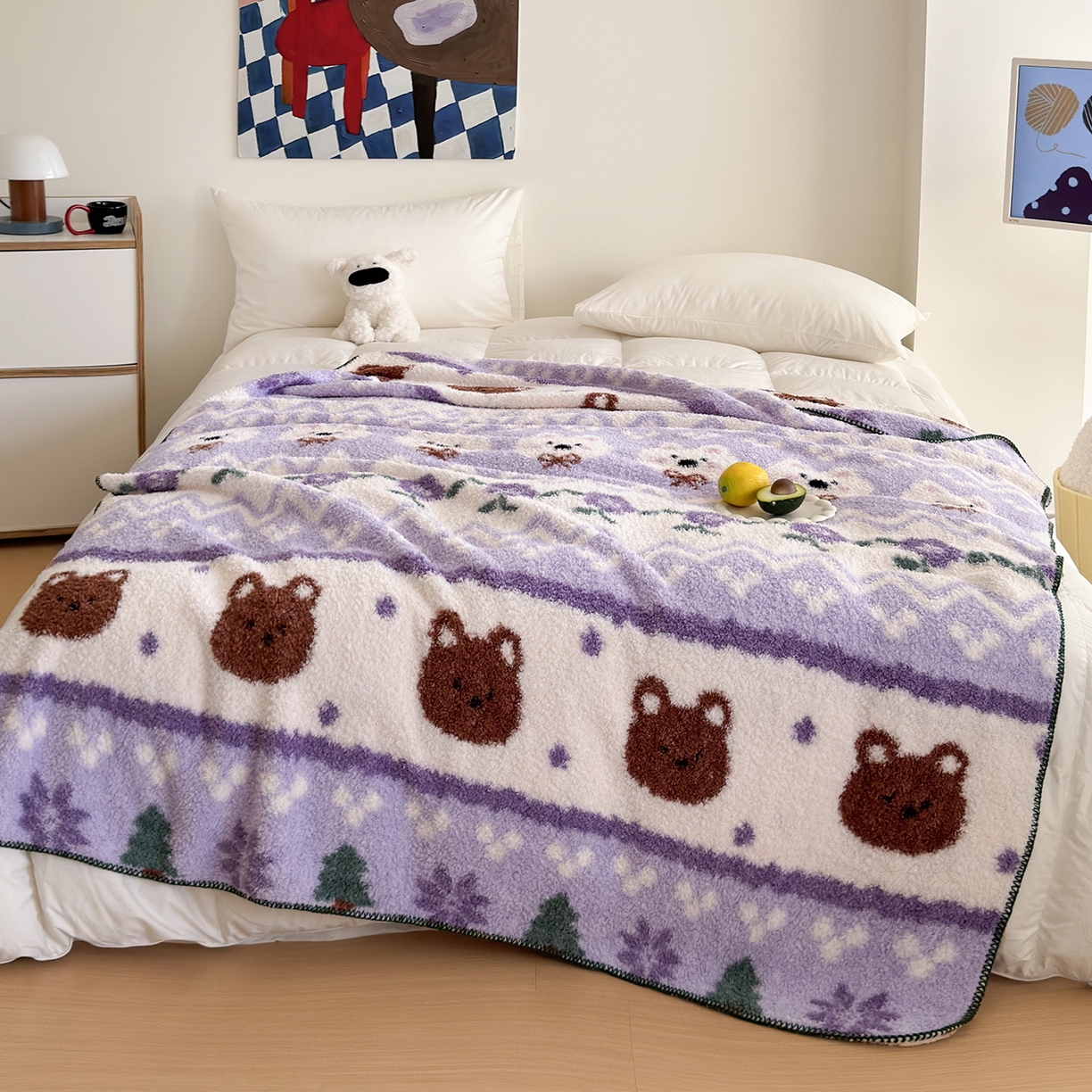 91家纺网 家纺一手货源 找家纺 舒隅家纺 2025新款A类卡通休闲半边绒三角针毛毯 森系萌宠-紫