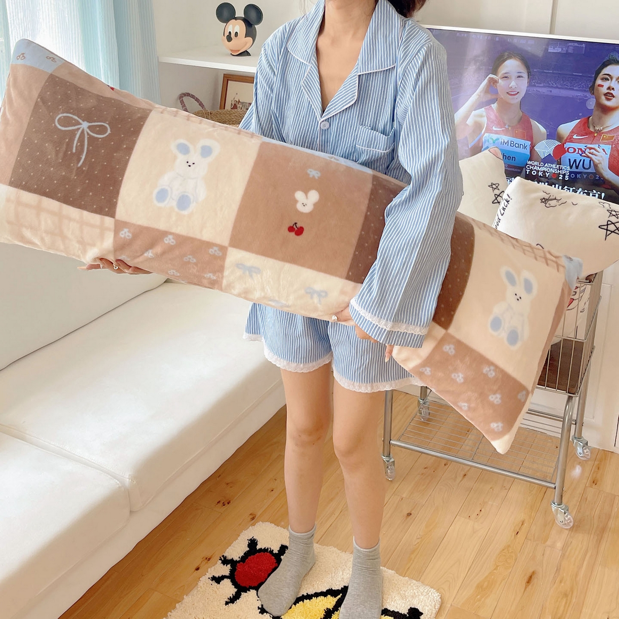 91家纺网 家纺一手货源 找家纺 六巷胡同 2025新款INS博主可爱风A类200g牛奶绒长条大抱枕 抱枕-格子美拉兔