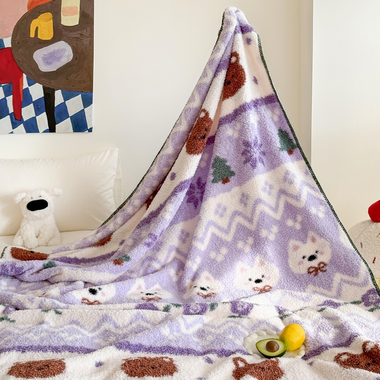 91家纺网 家纺一手货源 找家纺 舒隅家纺 2025新款A类卡通休闲半边绒三角针毛毯 森系萌宠-紫