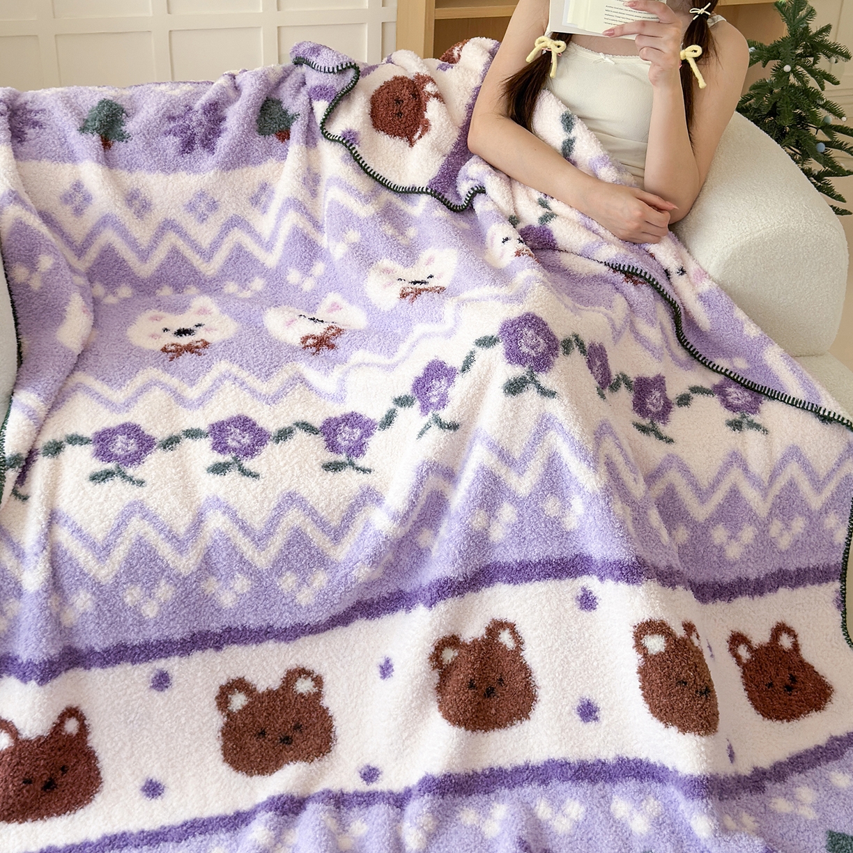 舒隅家纺 2025新款A类卡通休闲半边绒三角针毛毯 森系萌宠-紫