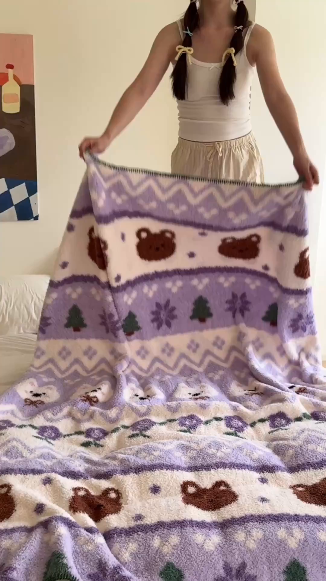 91家纺网 家纺一手货源 找家纺 舒隅家纺 2025新款A类卡通休闲半边绒三角针毛毯 森系萌宠-紫