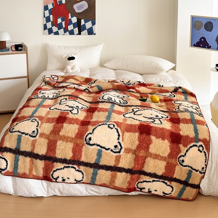 91家纺网 家纺一手货源 找家纺 舒隅家纺 2025新款A类卡通休闲半边绒三角针毛毯 线条小狗-红