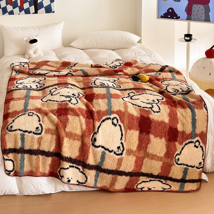 91家纺网 家纺一手货源 找家纺 舒隅家纺 2025新款A类卡通休闲半边绒三角针毛毯 线条小狗-红