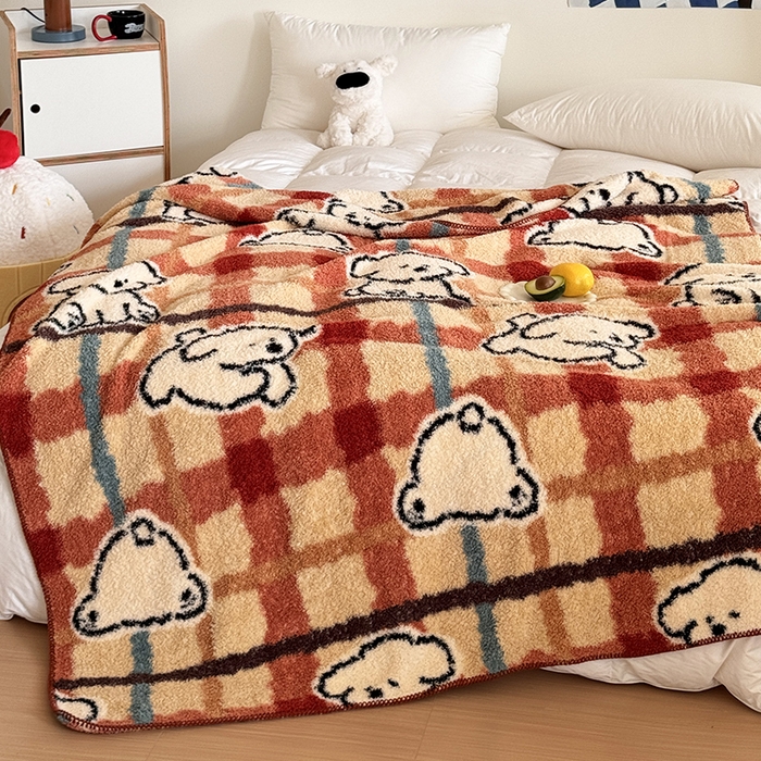 91家纺网 家纺一手货源 找家纺 舒隅家纺 2025新款A类卡通休闲半边绒三角针毛毯 线条小狗-红