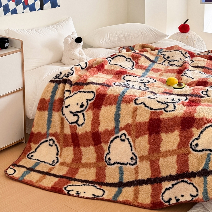 91家纺网 家纺一手货源 找家纺 舒隅家纺 2025新款A类卡通休闲半边绒三角针毛毯 线条小狗-红