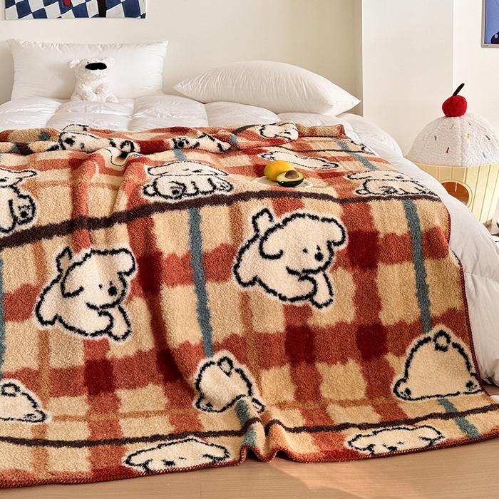 91家纺网 家纺一手货源 找家纺 舒隅家纺 2025新款A类卡通休闲半边绒三角针毛毯 线条小狗-红