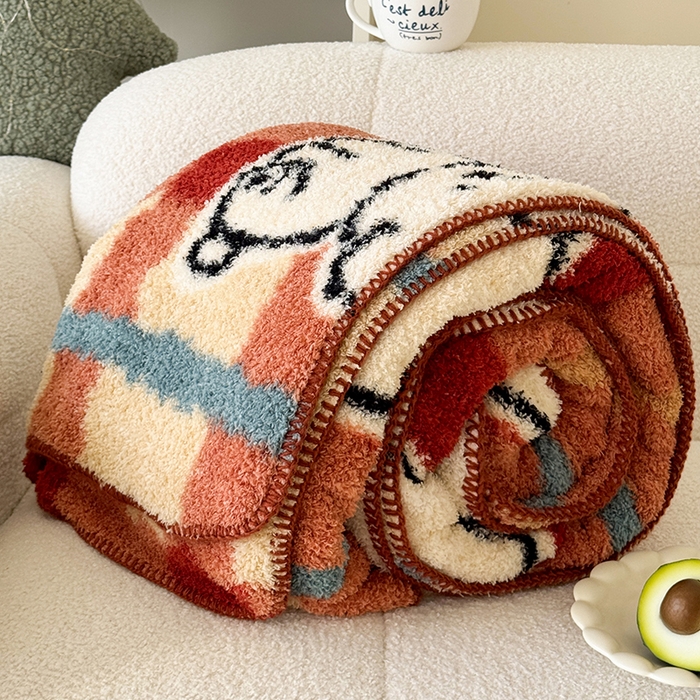 91家纺网 家纺一手货源 找家纺 舒隅家纺 2025新款A类卡通休闲半边绒三角针毛毯 线条小狗-红