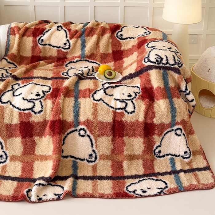 91家纺网 家纺一手货源 找家纺 舒隅家纺 2025新款A类卡通休闲半边绒三角针毛毯 线条小狗-红