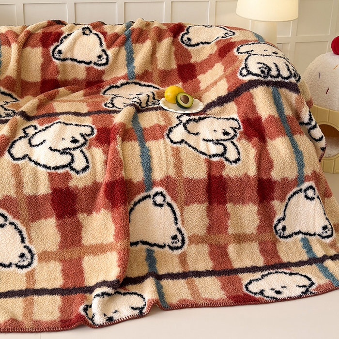 91家纺网 家纺一手货源 找家纺 舒隅家纺 2025新款A类卡通休闲半边绒三角针毛毯 线条小狗-红