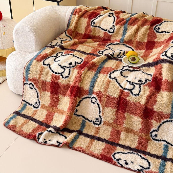 91家纺网 家纺一手货源 找家纺 舒隅家纺 2025新款A类卡通休闲半边绒三角针毛毯 线条小狗-红