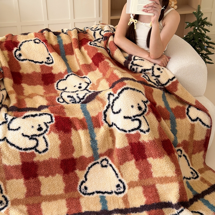 舒隅家纺 2025新款A类卡通休闲半边绒三角针毛毯 线条小狗-红