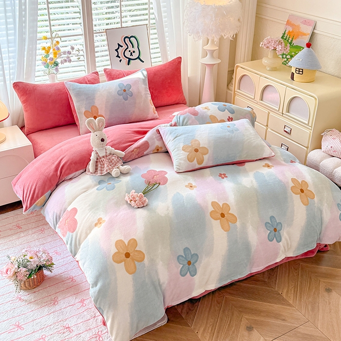 91家纺网 家纺一手货源 找家纺 九诺家纺 2025秋冬新款牛奶绒床单四件套【圆角吊边花边床单】 花海