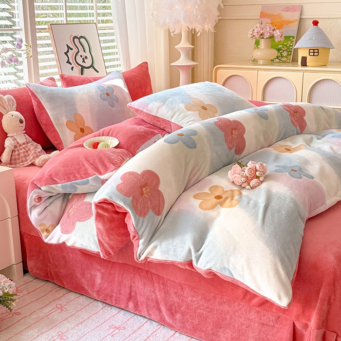 91家纺网 家纺一手货源 找家纺 九诺家纺 2025秋冬新款牛奶绒床单四件套【圆角吊边花边床单】 花海