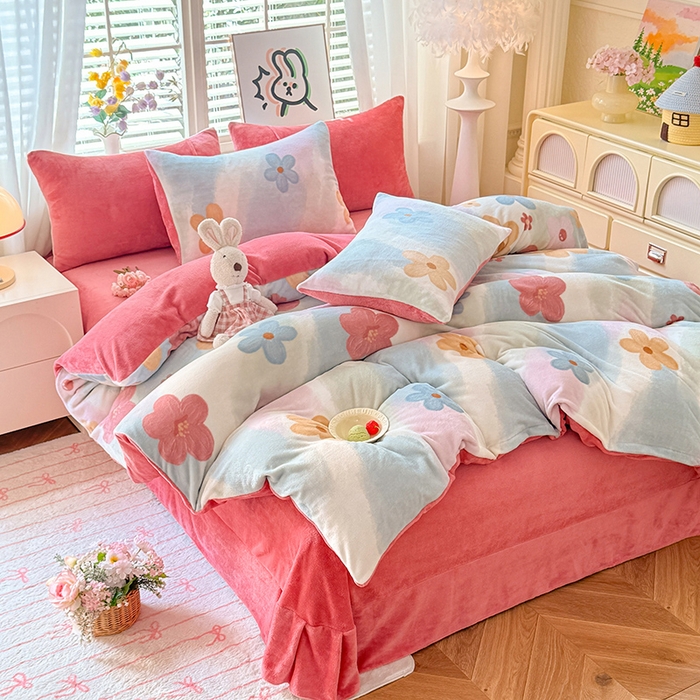 91家纺网 家纺一手货源 找家纺 九诺家纺 2025秋冬新款牛奶绒床单四件套【圆角吊边花边床单】 花海