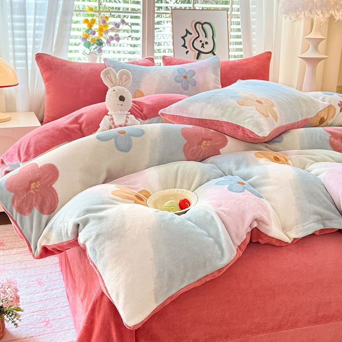 91家纺网 家纺一手货源 找家纺 九诺家纺 2025秋冬新款牛奶绒床单四件套【圆角吊边花边床单】 花海