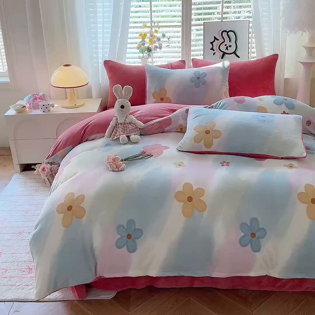 91家纺网 家纺一手货源 找家纺 九诺家纺 2025秋冬新款牛奶绒床单四件套【圆角吊边花边床单】 花海