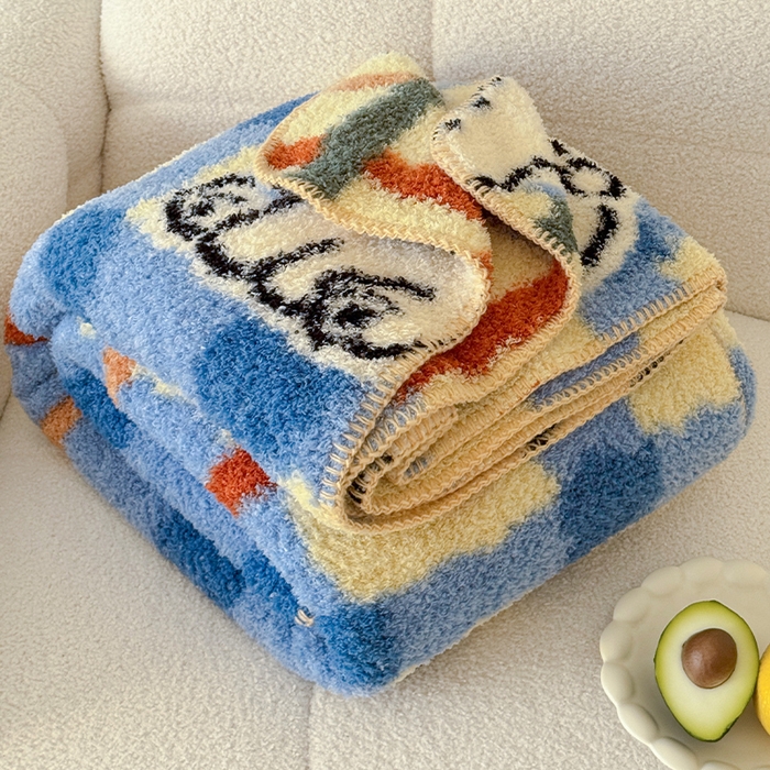 91家纺网 家纺一手货源 找家纺 舒隅家纺 2025新款A类卡通休闲半边绒三角针毛毯 线条小狗-蓝