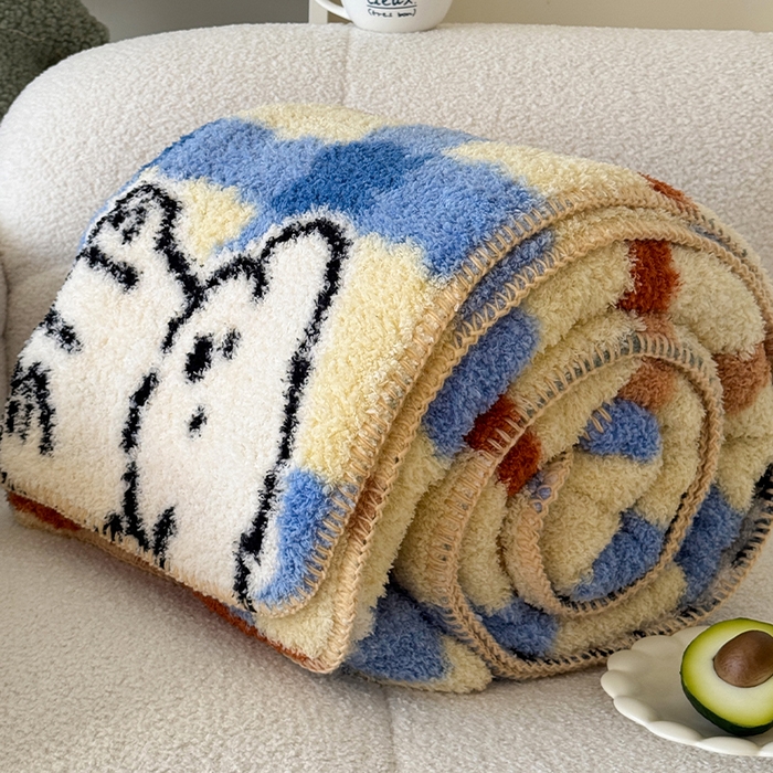 91家纺网 家纺一手货源 找家纺 舒隅家纺 2025新款A类卡通休闲半边绒三角针毛毯 线条小狗-蓝