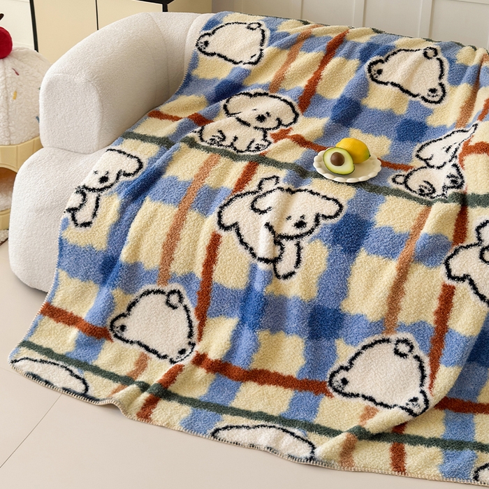 91家纺网 家纺一手货源 找家纺 舒隅家纺 2025新款A类卡通休闲半边绒三角针毛毯 线条小狗-蓝