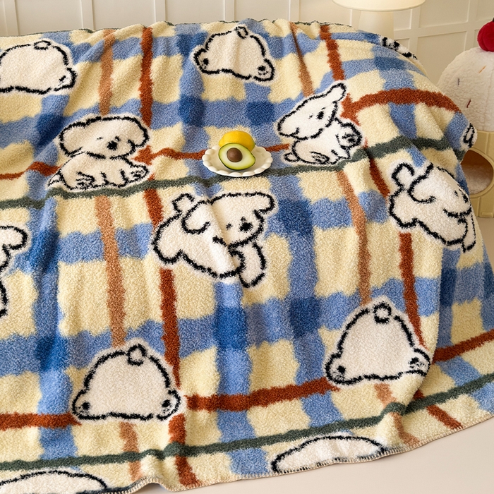 91家纺网 家纺一手货源 找家纺 舒隅家纺 2025新款A类卡通休闲半边绒三角针毛毯 线条小狗-蓝