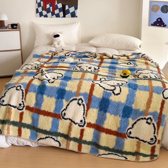 91家纺网 家纺一手货源 找家纺 舒隅家纺 2025新款A类卡通休闲半边绒三角针毛毯 线条小狗-蓝