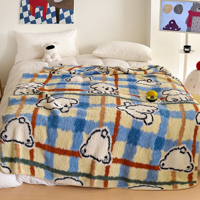 91家纺网 家纺一手货源 找家纺 舒隅家纺 2025新款A类卡通休闲半边绒三角针毛毯 线条小狗-蓝