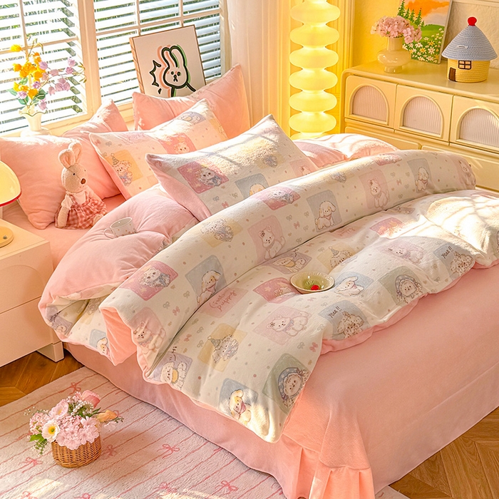 九诺家纺 2025秋冬新款牛奶绒床单四件套【圆角吊边花边床单】 萌宠之家